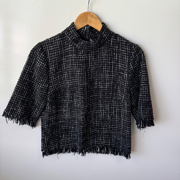 Zara Tweed Top Mock Neck Fringed Hem‎ Cropped Black White Career XS - Picture 5 of 6